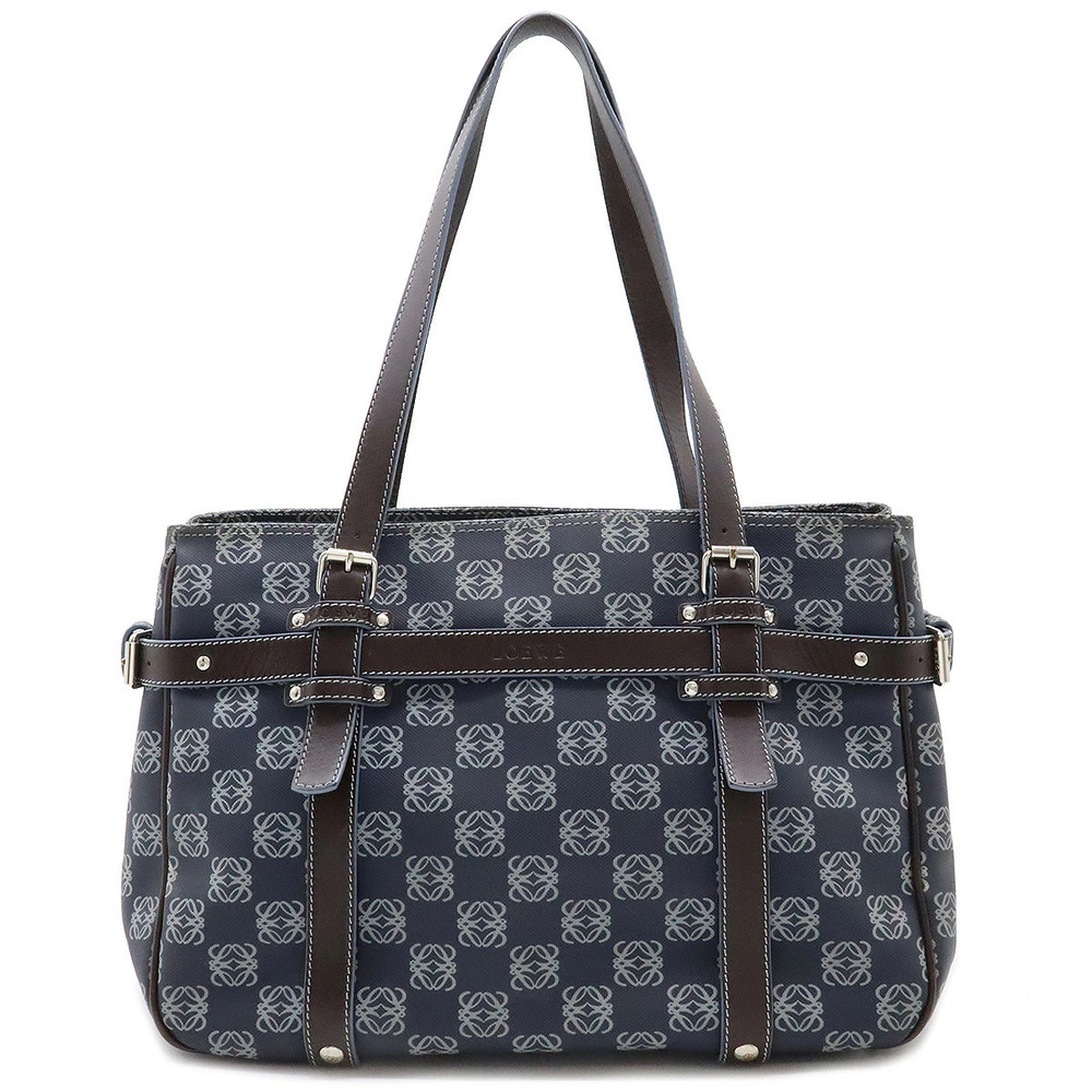 Loewe Anagram Tote Bag Shoulder Hobo Leather Navy Blue Dark Brown Pouch